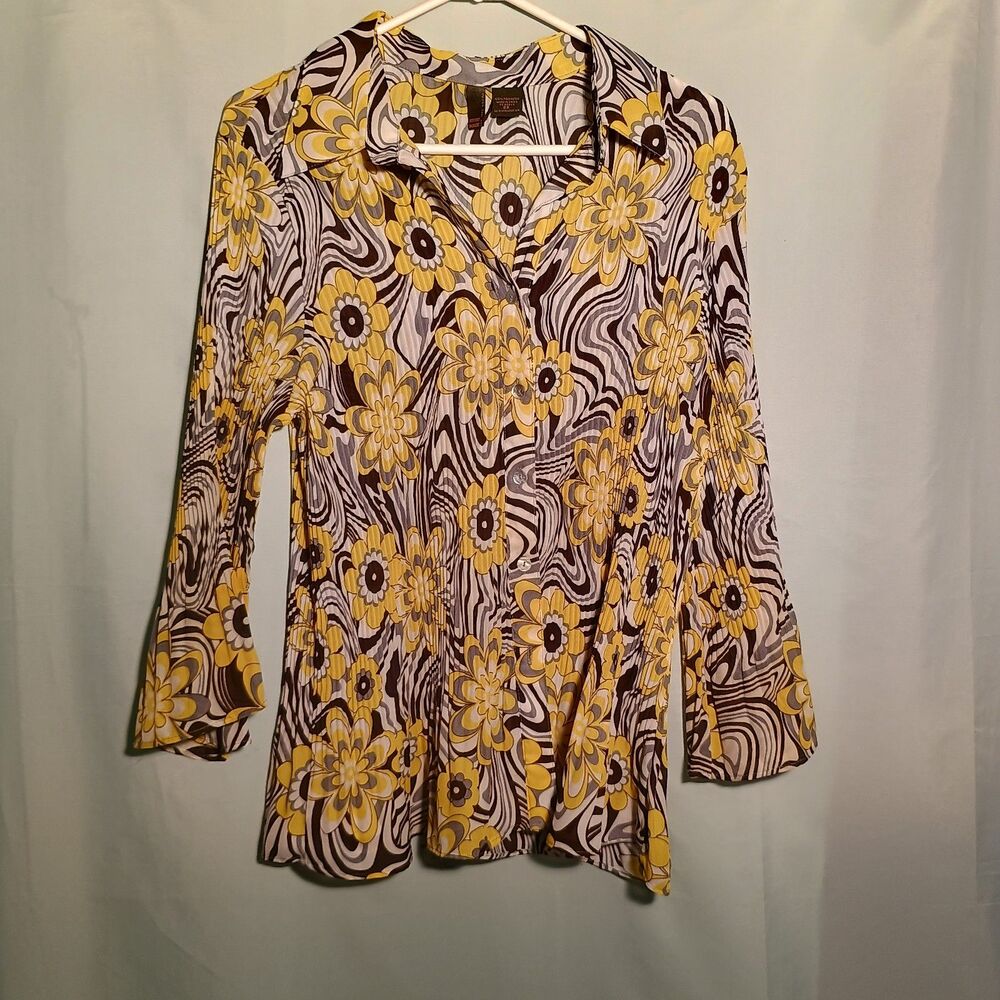 Vintage Brown and Yellow Floral Swirl Button-Up Blouse – 70s Retro Vibe Top
